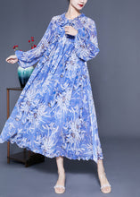 Load image into Gallery viewer, Boho Blue Ruffled Print Exra Large Hem Silk Beach Dresses Lantern Sleeve