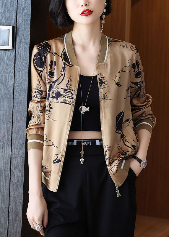 Boho Coffee Zippered Patchwork Print Silk Coats Spring