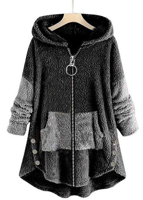 Boho Dark Gray Hooded Pockets Zippered Patchwork Teddy Faux Fur Coats Fall