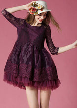 Load image into Gallery viewer, Boho Dark Purple Embroideried Lace Patchwork Organza Mini Dresses Summer