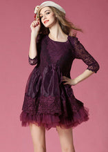 Load image into Gallery viewer, Boho Dark Purple Embroideried Lace Patchwork Organza Mini Dresses Summer