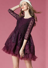 Load image into Gallery viewer, Boho Dark Purple Embroideried Lace Patchwork Organza Mini Dresses Summer