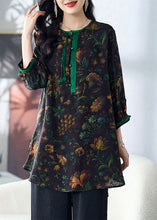 Load image into Gallery viewer, Boho Green Tasseled Print Button Patchwork Silk Top Summer