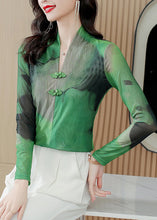 Load image into Gallery viewer, Boho Green V Neck Tie Dye Chinese Button Tulle Blouse Tops Spring