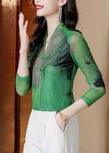 Load image into Gallery viewer, Boho Green V Neck Tie Dye Chinese Button Tulle Blouse Tops Spring