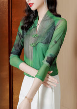 Load image into Gallery viewer, Boho Green V Neck Tie Dye Chinese Button Tulle Blouse Tops Spring