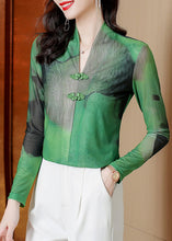 Load image into Gallery viewer, Boho Green V Neck Tie Dye Chinese Button Tulle Blouse Tops Spring