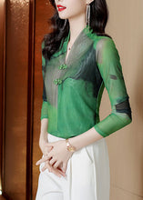 Load image into Gallery viewer, Boho Green V Neck Tie Dye Chinese Button Tulle Blouse Tops Spring