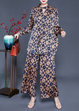 Load image into Gallery viewer, Boho Khaki Stand Collar Print Silk Tops And Pants Two Pieces Set Summer