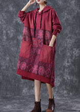 Load image into Gallery viewer, Boho Mulberry Hooded Patchwork Pockets Cotton Sweatshirt Dress Fall