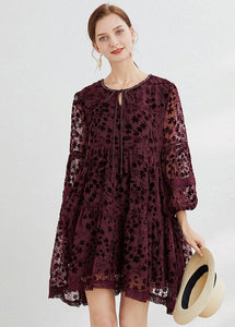 Boho Mulberry O-Neck Lace Up Silk Velour Mid Dress Long Sleeve