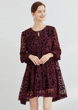 Load image into Gallery viewer, Boho Mulberry O-Neck Lace Up Silk Velour Mid Dress Long Sleeve