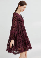 Load image into Gallery viewer, Boho Mulberry O-Neck Lace Up Silk Velour Mid Dress Long Sleeve