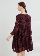 Load image into Gallery viewer, Boho Mulberry O-Neck Lace Up Silk Velour Mid Dress Long Sleeve