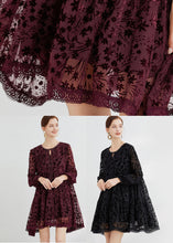 Load image into Gallery viewer, Boho Mulberry O-Neck Lace Up Silk Velour Mid Dress Long Sleeve