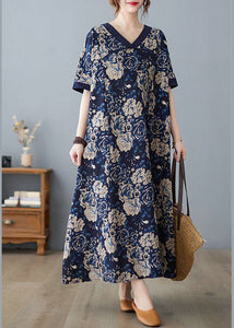 Boho Navy Oversized Print Cotton Vacation Dresses Summer