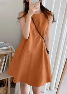 Boho Orange O-Neck Slim Fit Exra Large Hem Cotton Dresses Sleeveless