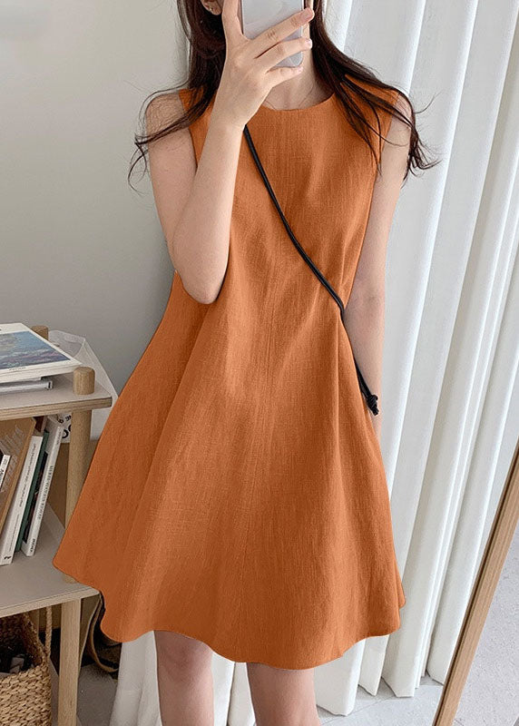 Boho Orange O-Neck Slim Fit Exra Large Hem Cotton Dresses Sleeveless