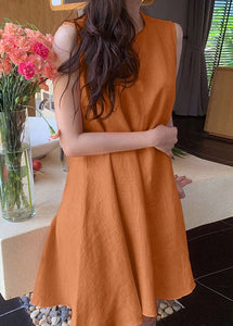 Boho Orange O-Neck Slim Fit Exra Large Hem Cotton Dresses Sleeveless