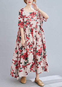 Boho Pink  Floral  O-Neck Patchwork Summer Half Sleeve Dresses