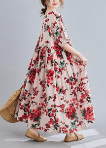 Boho Pink  Floral  O-Neck Patchwork Summer Half Sleeve Dresses