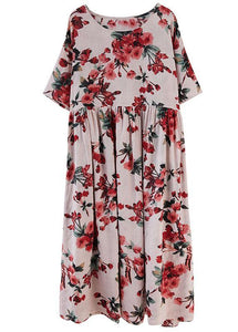 Boho Pink  Floral  O-Neck Patchwork Summer Half Sleeve Dresses