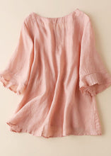 Load image into Gallery viewer, Boho Pink Cinched Patchwork Linen Blouse Tops Half Sleeve