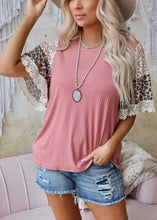 Load image into Gallery viewer, Boho Pink O-Neck Lace Patchwork Leopard Print Tank Top Short Sleeve