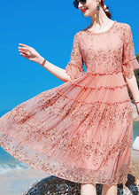 Load image into Gallery viewer, Boho Pink O-Neck Ruffled Print Silk Maxi Dresses Short Sleeve