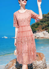 Load image into Gallery viewer, Boho Pink O-Neck Ruffled Print Silk Maxi Dresses Short Sleeve