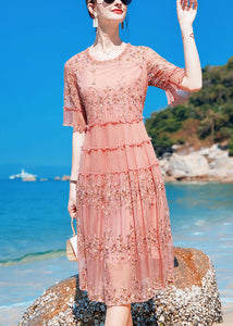 Boho Pink O-Neck Ruffled Print Silk Maxi Dresses Short Sleeve