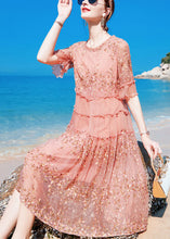 Load image into Gallery viewer, Boho Pink O-Neck Ruffled Print Silk Maxi Dresses Short Sleeve