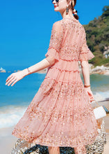 Load image into Gallery viewer, Boho Pink O-Neck Ruffled Print Silk Maxi Dresses Short Sleeve