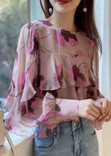 Load image into Gallery viewer, Boho Pink Ruffled O-Neck print Patchwork Chiffon Shirt Long Sleeve