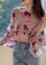 Load image into Gallery viewer, Boho Pink Ruffled O-Neck print Patchwork Chiffon Shirt Long Sleeve