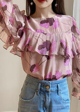 Load image into Gallery viewer, Boho Pink Ruffled O-Neck print Patchwork Chiffon Shirt Long Sleeve