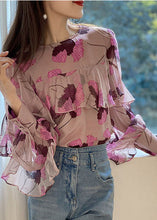 Load image into Gallery viewer, Boho Pink Ruffled O-Neck print Patchwork Chiffon Shirt Long Sleeve