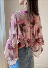 Load image into Gallery viewer, Boho Pink Ruffled O-Neck print Patchwork Chiffon Shirt Long Sleeve