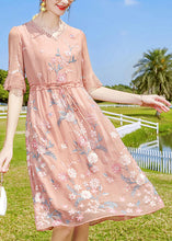 Load image into Gallery viewer, Boho Pink V Neck Floral Embroideried Silk Long Dresses Short Sleeve