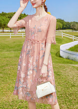 Load image into Gallery viewer, Boho Pink V Neck Floral Embroideried Silk Long Dresses Short Sleeve