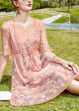 Load image into Gallery viewer, Boho Pink V Neck Floral Embroideried Silk Long Dresses Short Sleeve