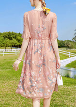 Load image into Gallery viewer, Boho Pink V Neck Floral Embroideried Silk Long Dresses Short Sleeve