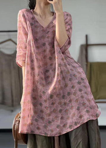 Boho Pink V Neck Print Patchwork Linen Mid Dress Summer