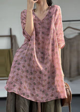 Load image into Gallery viewer, Boho Pink V Neck Print Patchwork Linen Mid Dress Summer