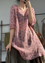 Load image into Gallery viewer, Boho Pink V Neck Print Patchwork Linen Mid Dress Summer