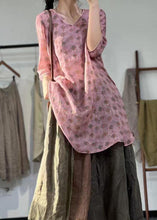 Load image into Gallery viewer, Boho Pink V Neck Print Patchwork Linen Mid Dress Summer