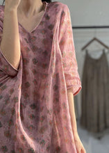 Load image into Gallery viewer, Boho Pink V Neck Print Patchwork Linen Mid Dress Summer