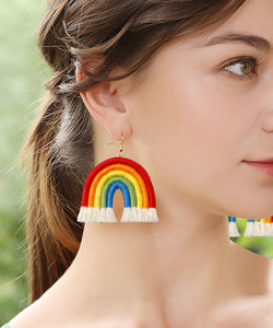 Boho Rainbow Cotton Knit Fabric Tassel Hoop Earrings