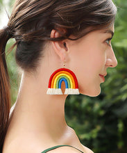 Load image into Gallery viewer, Boho Rainbow Cotton Knit Fabric Tassel Hoop Earrings