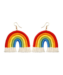 Boho Rainbow Cotton Knit Fabric Tassel Hoop Earrings